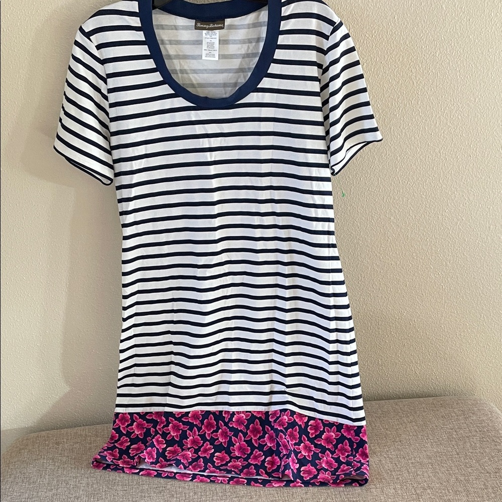 NWOT Tommy Bahama Striped T-Shirt Dress with Floral Hem M